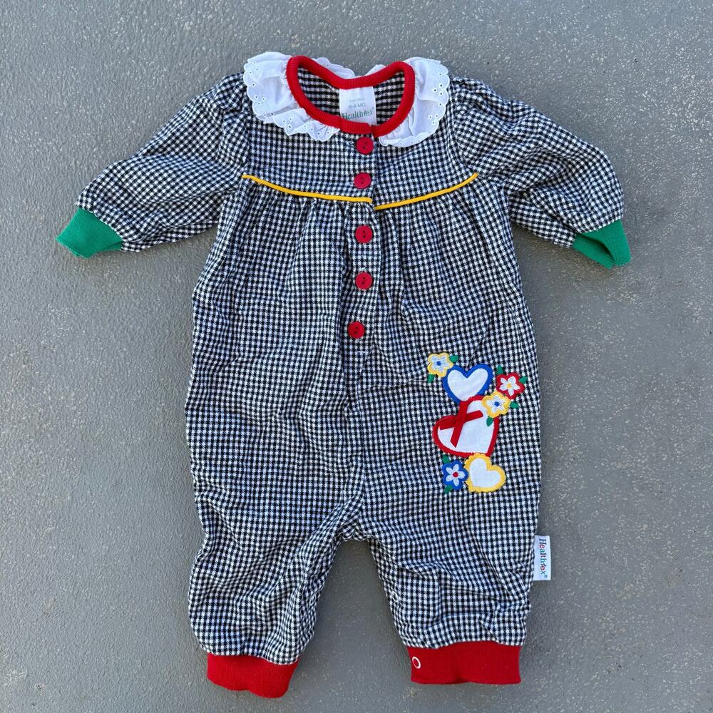VTG 90s HealthTex Black White Check Primary Color Clown Hearts One Piece 6-9 MO